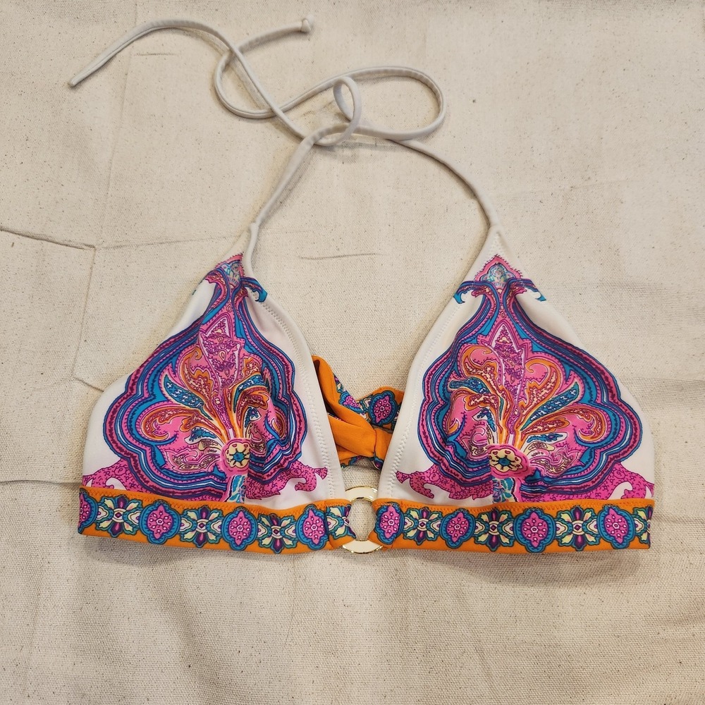 Victorias Secret Paisley Triangle Bikini Top Orange Pink White Boho Halter Large